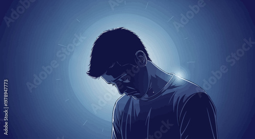 a man in a blue silhouette looks down.