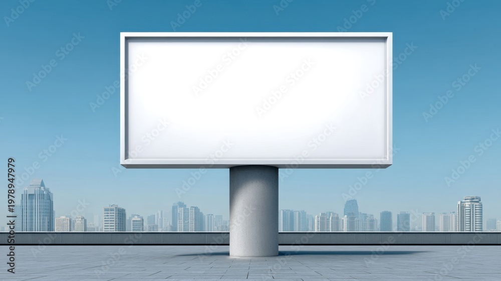 Fototapeta premium Empty Outdoor Billboard against a Clear Sky with City Skyline in the Background, Ideal for Advertisements and Marketing Campaigns