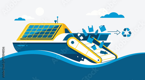 Innovative solar-powered vessel efficiently collecting plastic waste from the ocean, showcasing sustainable technology for marine conservation and a healthier environment