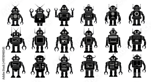 Retro robot collection, vintage androids, futuristic technology, science fiction characters