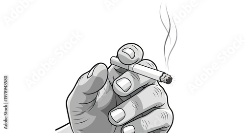 Close-up of a hand holding a lit cigarette with smoke rising, black and white illustration
