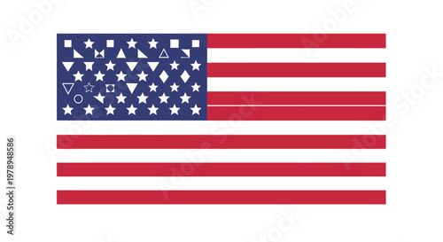 American flag with diverse geometric shapes replacing traditional stars.