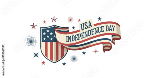 USA Independence Day banner with American flag shield and festive stars.
