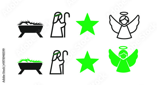 Christmas Nativity Icons: Manger, Shepherd, Star, Angel