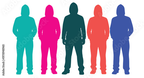 A row of five anonymous figures each filled with a different vibrant solid color stands side by side