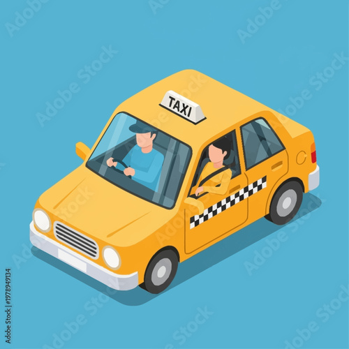 Yellow taxi cab with driver and passenger.