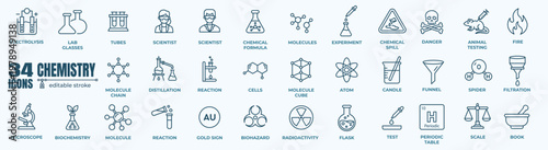 Set of editable thin line icons for chemistry and chemical science. Modern web icon collection with simple vector illustrations of chemical reactions, molecular structures, laboratory glassware, perio