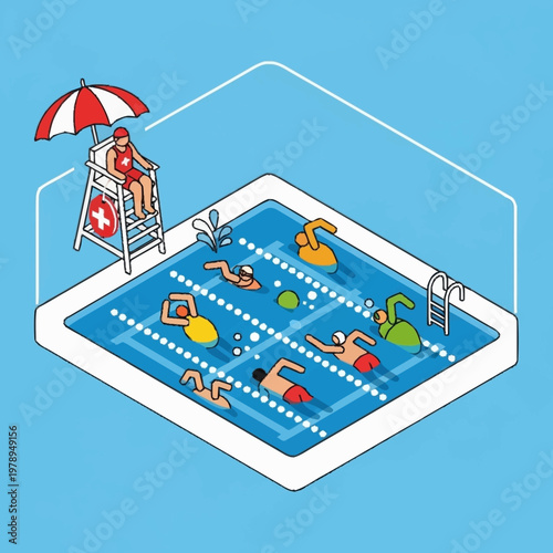 Swimmers in a swimming pool with lifeguard.