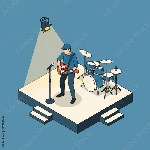 Musician performing on a stage with guitar and drums.