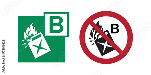 Fire Class B Safety and Prohibition Signs Vector Set, Flammable Liquid Fire Symbol and Do Not Use Sign, Fire Safety Icons for Workplace, Industrial and Public Hazard Compliance