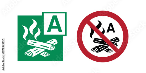 Fire Class A Safety and Prohibition Signs Vector Set, Safe for Wood Paper Fabric Fires and Do Not Use Symbol, Fire Safety Icons for Workplace, Industrial and Public Compliance