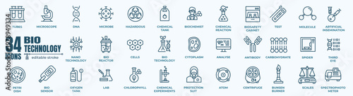 Set of editable thin line icons for biotechnology and life sciences. Modern web icon collection with simple vector illustrations of genetic engineering, CRISPR, DNA sequencing, cell culture, laborator