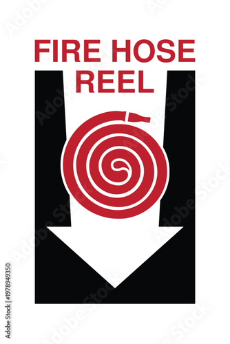 Fire Hose Reel Location Sign with Down Arrow Vector, Emergency Fire Equipment Indicator with Red and Black Design for Workplace Safety, Industrial and Public Building Fire Safety Signage