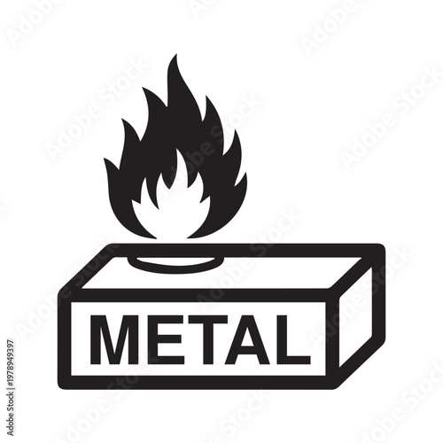 Flammable Metal Fire Icon Vector, Class D Fire Hazard Symbol with Burning Metal Block, Industrial Safety Graphic for Workplace Fire Protection and Extinguisher Guidance