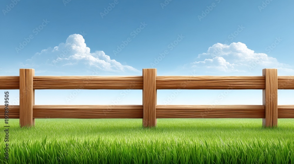Fototapeta premium Beautiful serene landscape featuring a wooden fence against a clear blue sky with fluffy clouds and vibrant green grass in a peaceful rural setting