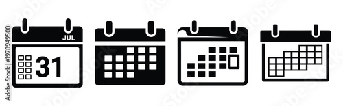 calendar silhouette simple icon set, black color and white background
