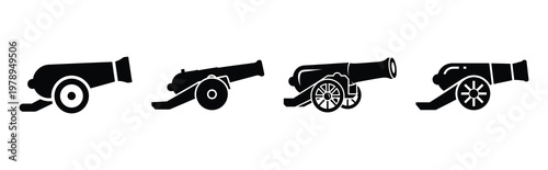 cannon silhouette simple icon set, black color and white background