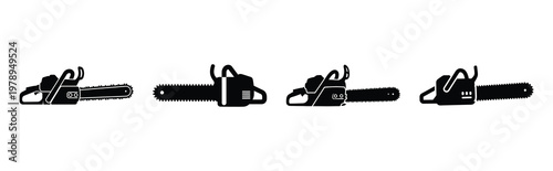 chainsaw silhouette simple icon set, black color and white background