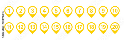 Location pin icon set with numbers 1 to 20
