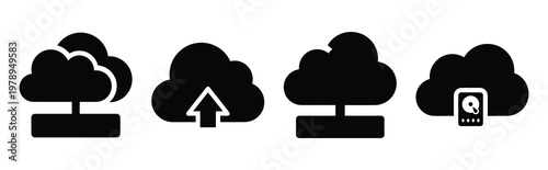 cloud storage silhouette icon set, black color and white background