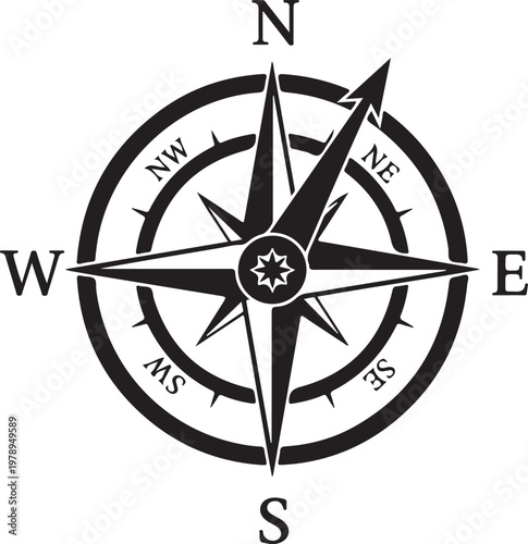 compass rose, navigation symbol, directional icon, black vector
