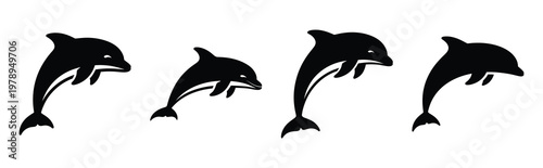 dolphin silhouette simple icon set, black color and white background