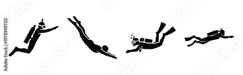 diver silhouette simple icon set, black color and white background