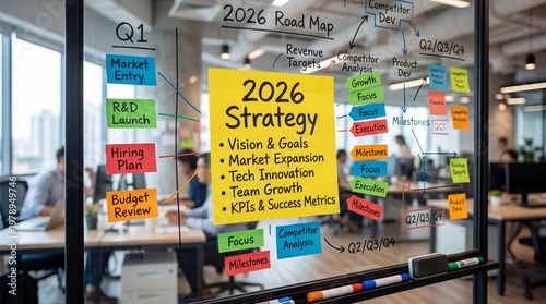 A glass board displays a 2026 strategy roadmap with colorful sticky notes outlining goals, milestones, and plans in a modern office setting.