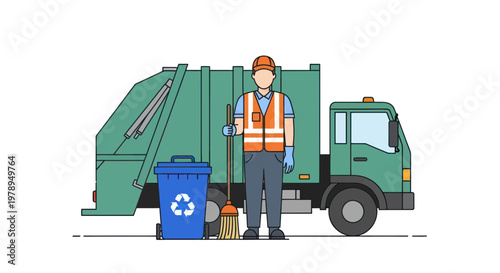 Sanitation Worker with Garbage Truck and Recycling Bin - Flat Illustration