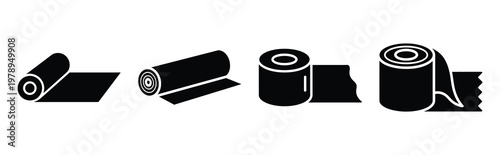 fabric roll silhouette icon set, black color and white background