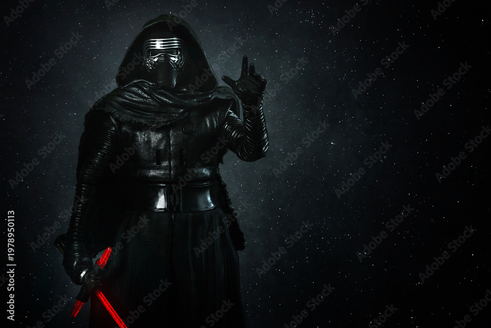 Fototapeta premium Kylo Ren action figure character from the Star Wars movie saga and space for text. Illustrative editorial