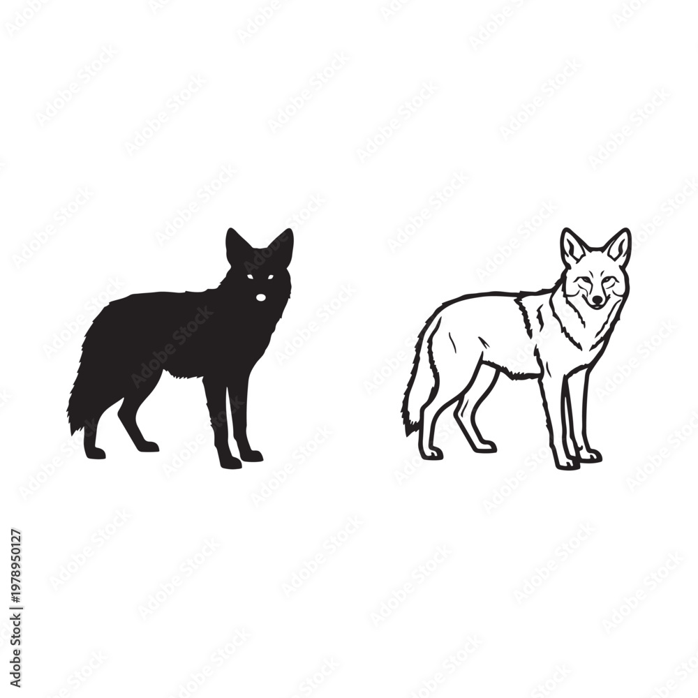 Obraz premium Black and white wolf illustrations side by side on white background