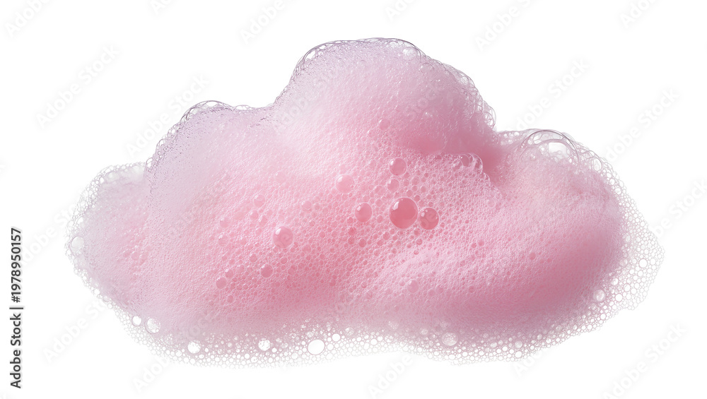 Fototapeta premium Isolated pink soap foam with delicate bubbles, fluffy cleansing lather for beauty and hygiene.