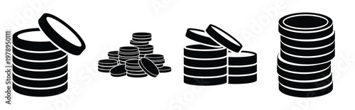 gold coins silhouette icon set, black color and white background