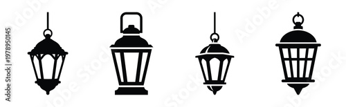hanging lantern silhouette icon set, black color and white background