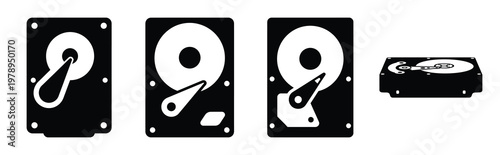 hard drive silhouette icon set, black color and white background