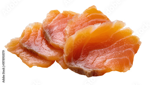 Foto Isolated fresh delicious thinly sliced smoked salmon fillets, gourmet seafood in