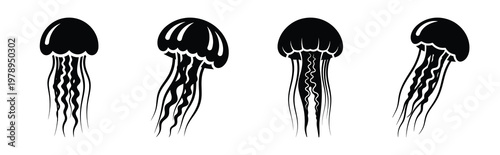 jellyfish silhouette simple icon set, black color and white background