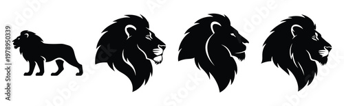 lion silhouette simple icon set, black color and white background
