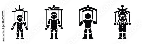 marionette silhouette simple icon set, black color and white background
