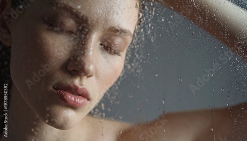 Artistic close‑up of a person with closed eyes behind a wet, textured glass surface as water droplets fall. Dramatic lighting highlights facial contours and creates a moody, immersive atmosphere.