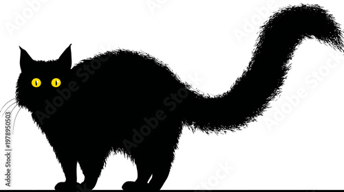 Black cat silhouette with yellow eyes on white background vector illustration