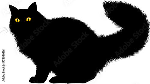 Black cat silhouette with yellow eyes isolated on white background