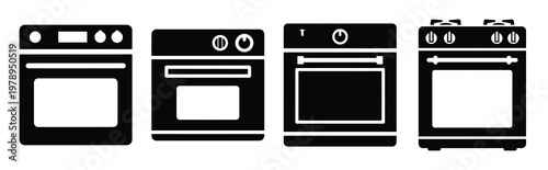 oven silhouette simple icon set, black color and white background
