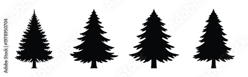pine tree silhouette icon set, black color and white background