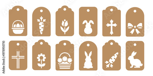 Set of Easter decorative tags shapes cut files with bunny, carrot, cross and flowers. Vector templates for cutting. Spring holiday tag stencils. Craft paper or cardboard label for gift wrapping