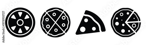 pizza silhouette simple icon set, black color and white background