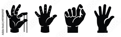 puppet hand silhouette icon set, black color and white background