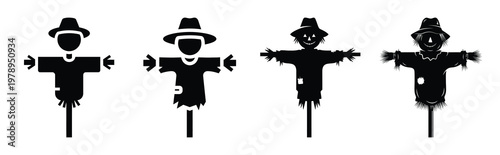 scarecrow silhouette simple icon set, black color and white background