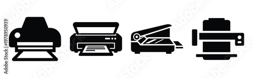 scanner silhouette simple icon set, black color and white background